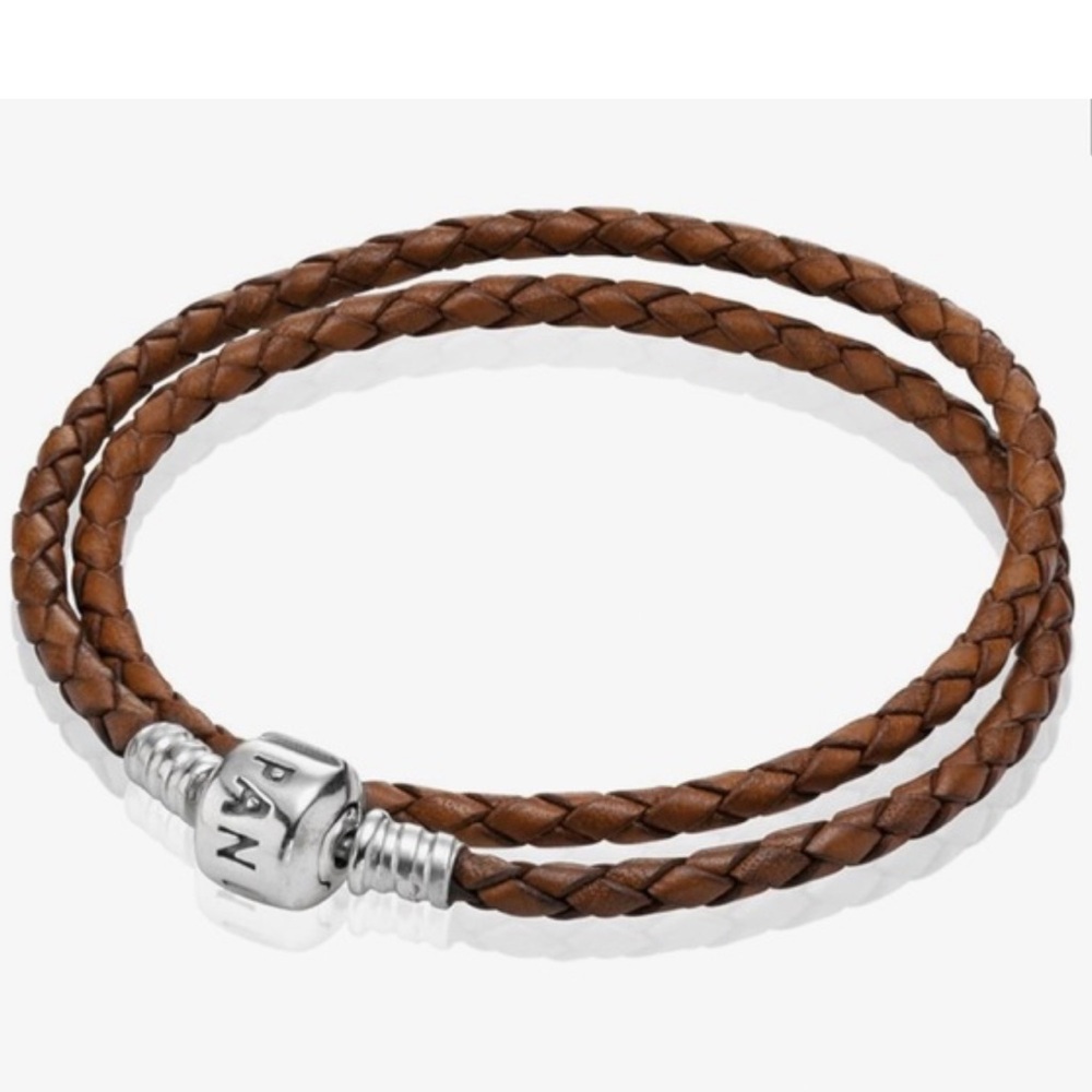 Authentic Pandora Brown Braided Double Leather Charm Bracelet Necklace 14.5 in